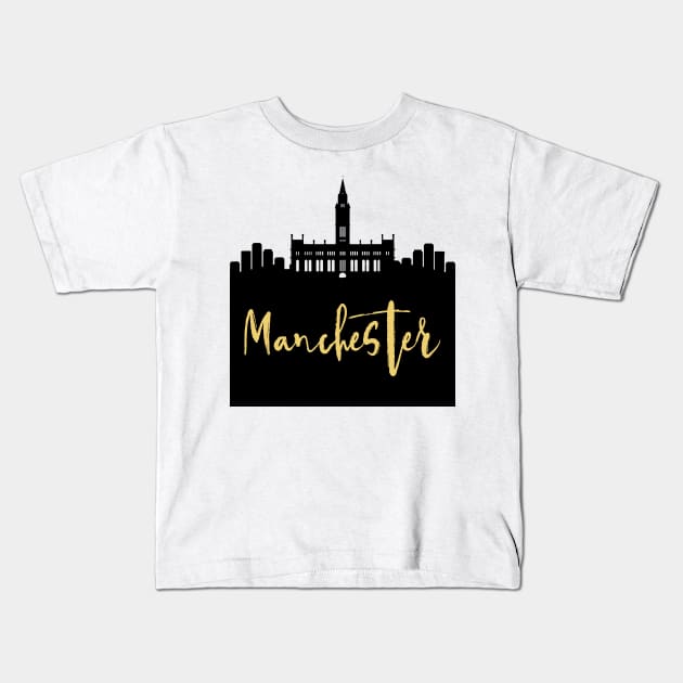 MANCHESTER ENGLAND DESIGNER SILHOUETTE SKYLINE ART Kids T-Shirt by deificusArt